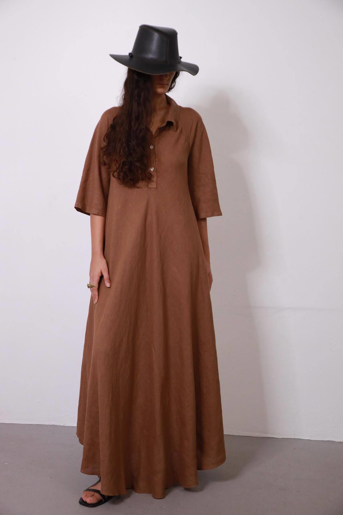 Tarçın Rengi Gömlek Yaka Truvakar Kol Keten Elbise - Şaman Butik Tarçın Rengi Gömlek Yaka Truvakar Kol Keten Elbise