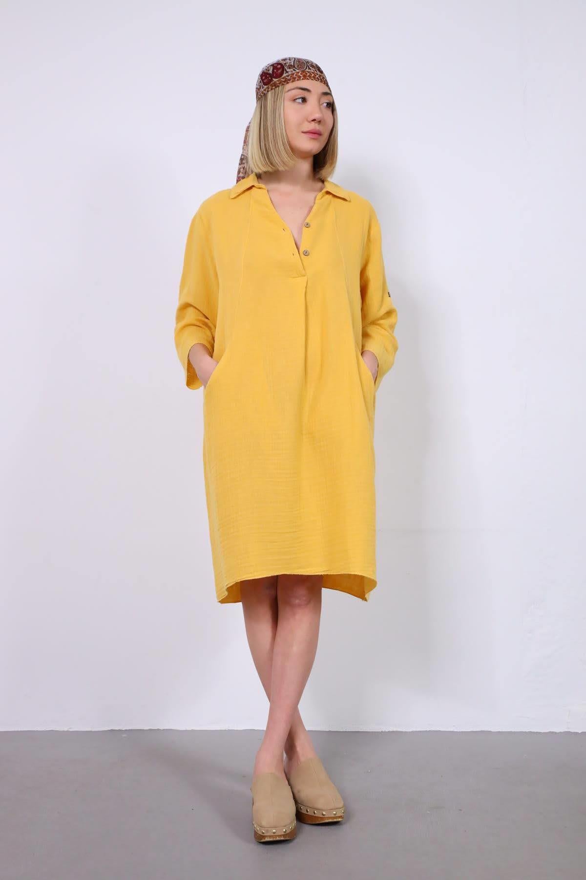 Sarı Kolları Apoletli Gömlek Yaka Müslin Elbise - Şaman Butik Sarı Kolları Apoletli Gömlek Yaka Müslin Elbise