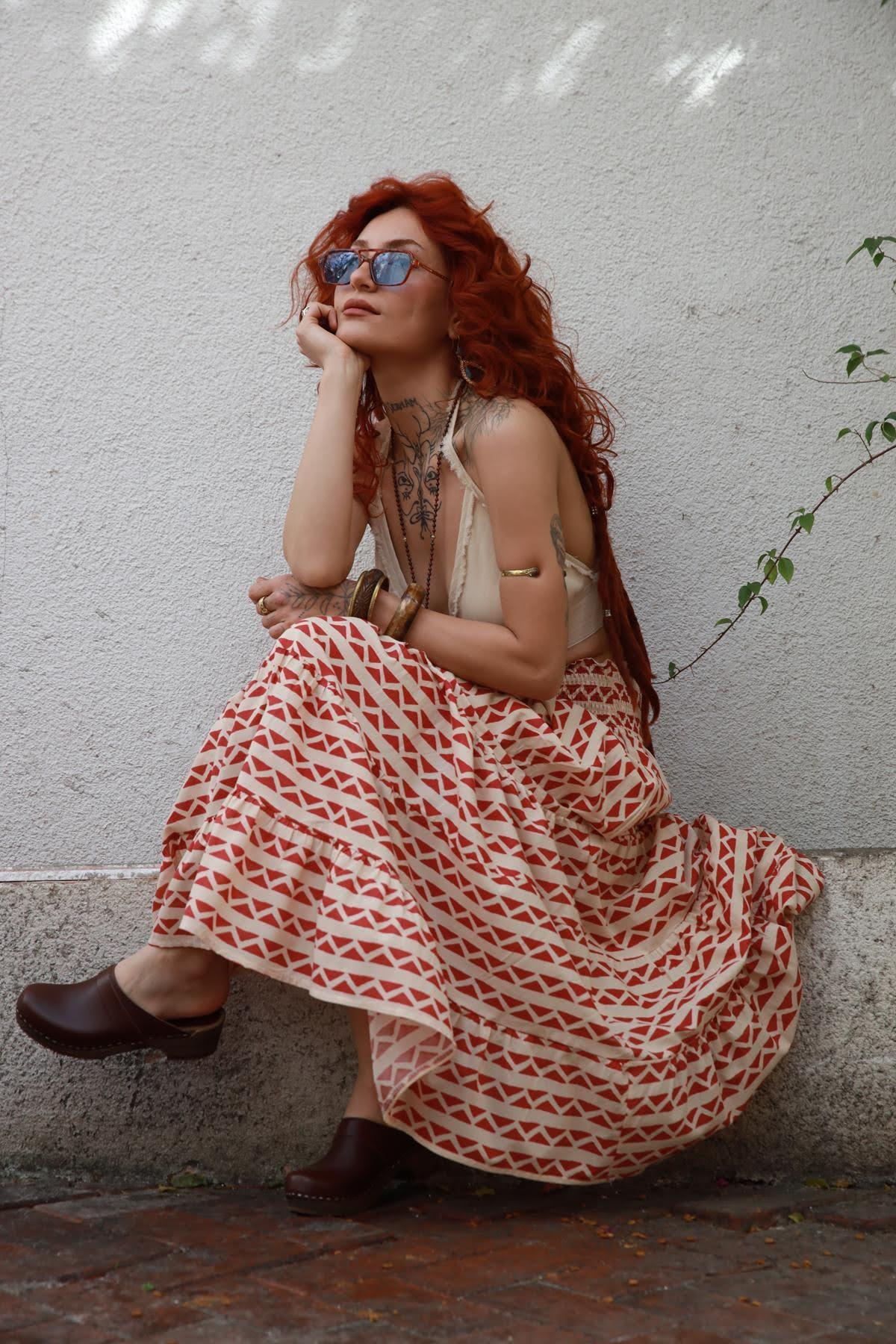 Claret Red Patterned Elastic Waist Skirt