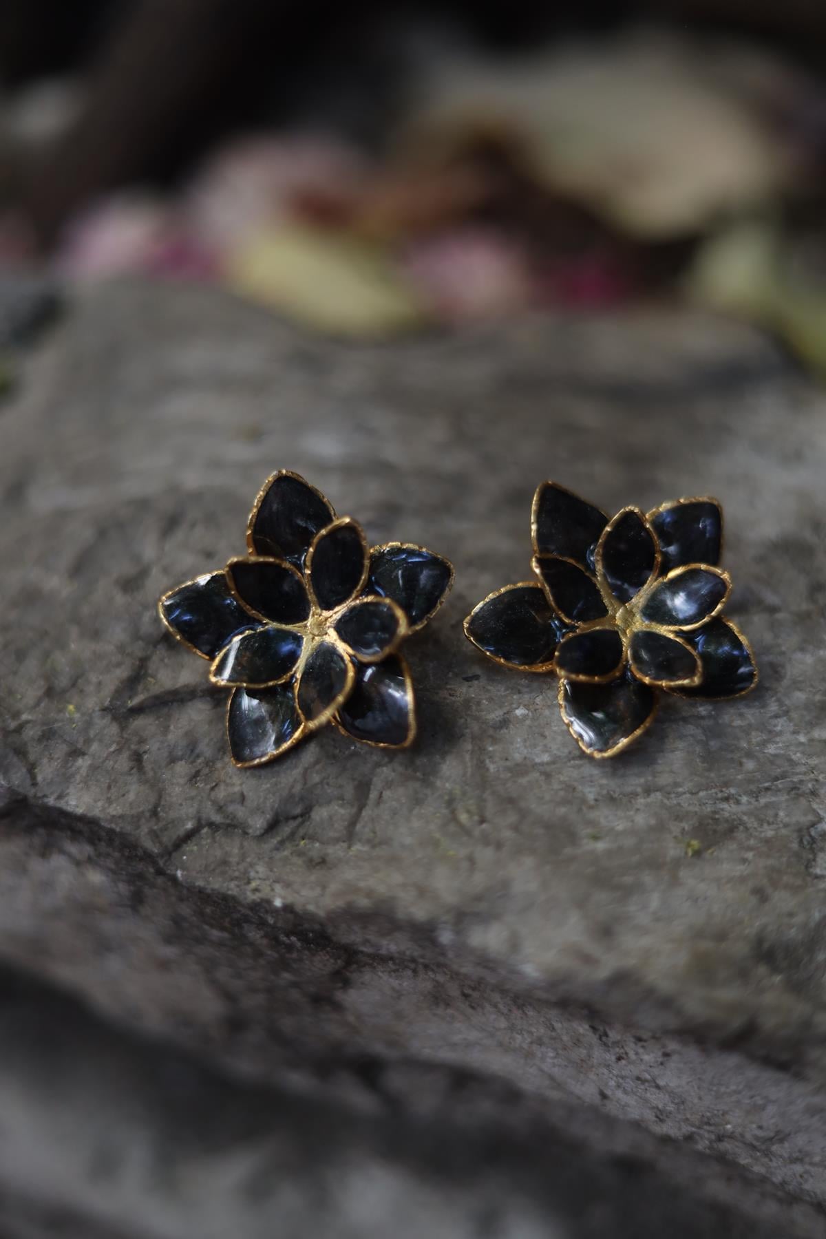 Black Enameled Flower Earrings