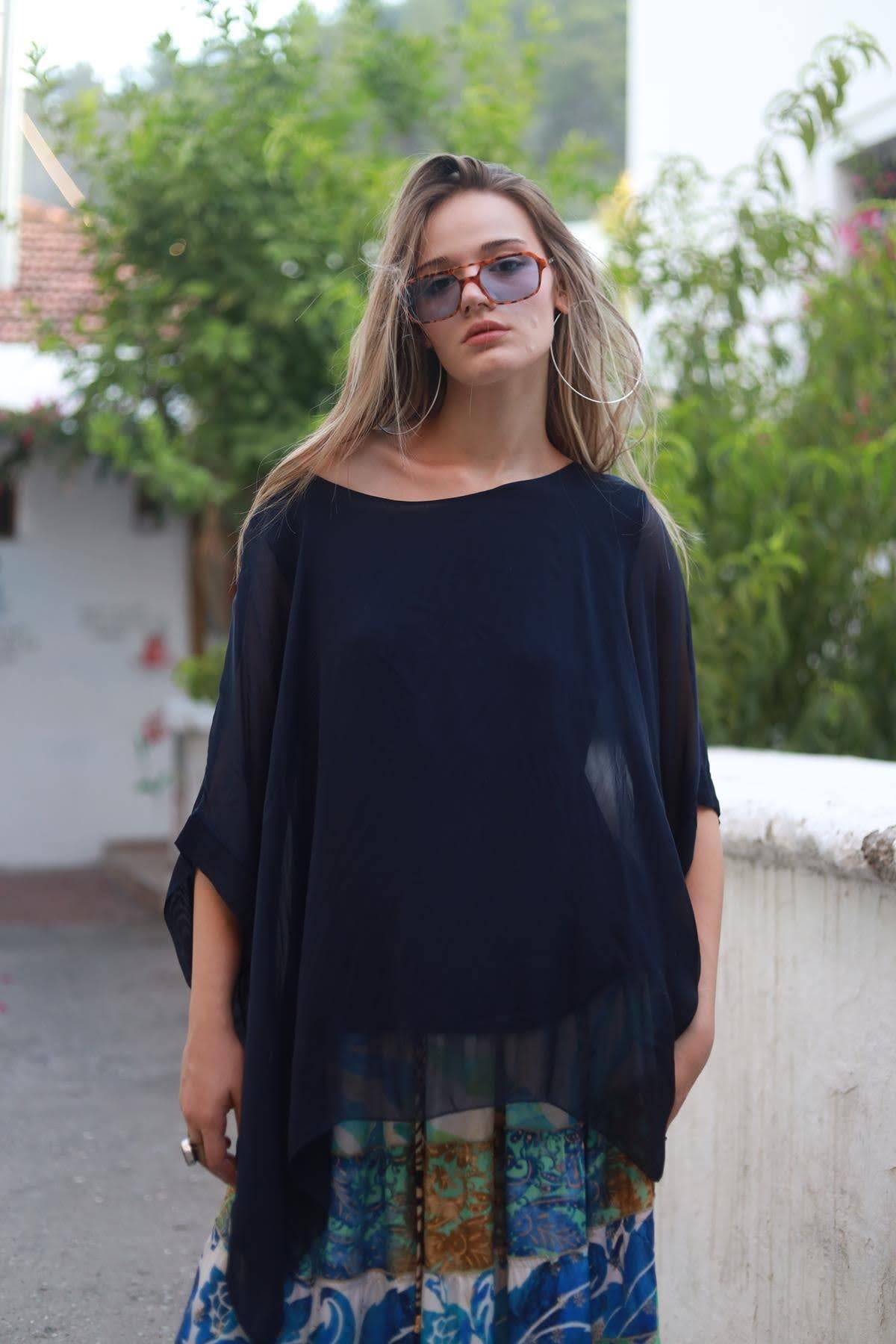 Lacivert Yarasa Kol İpek Bluz