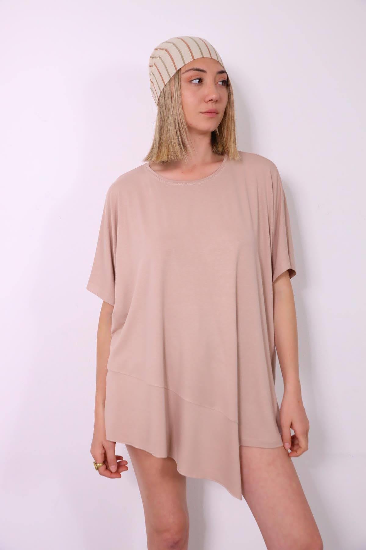 Bej Altı Parçalı Kısa Kollu Bluz - Şaman Butik Bej Altı Parçalı Kısa Kollu Bluz