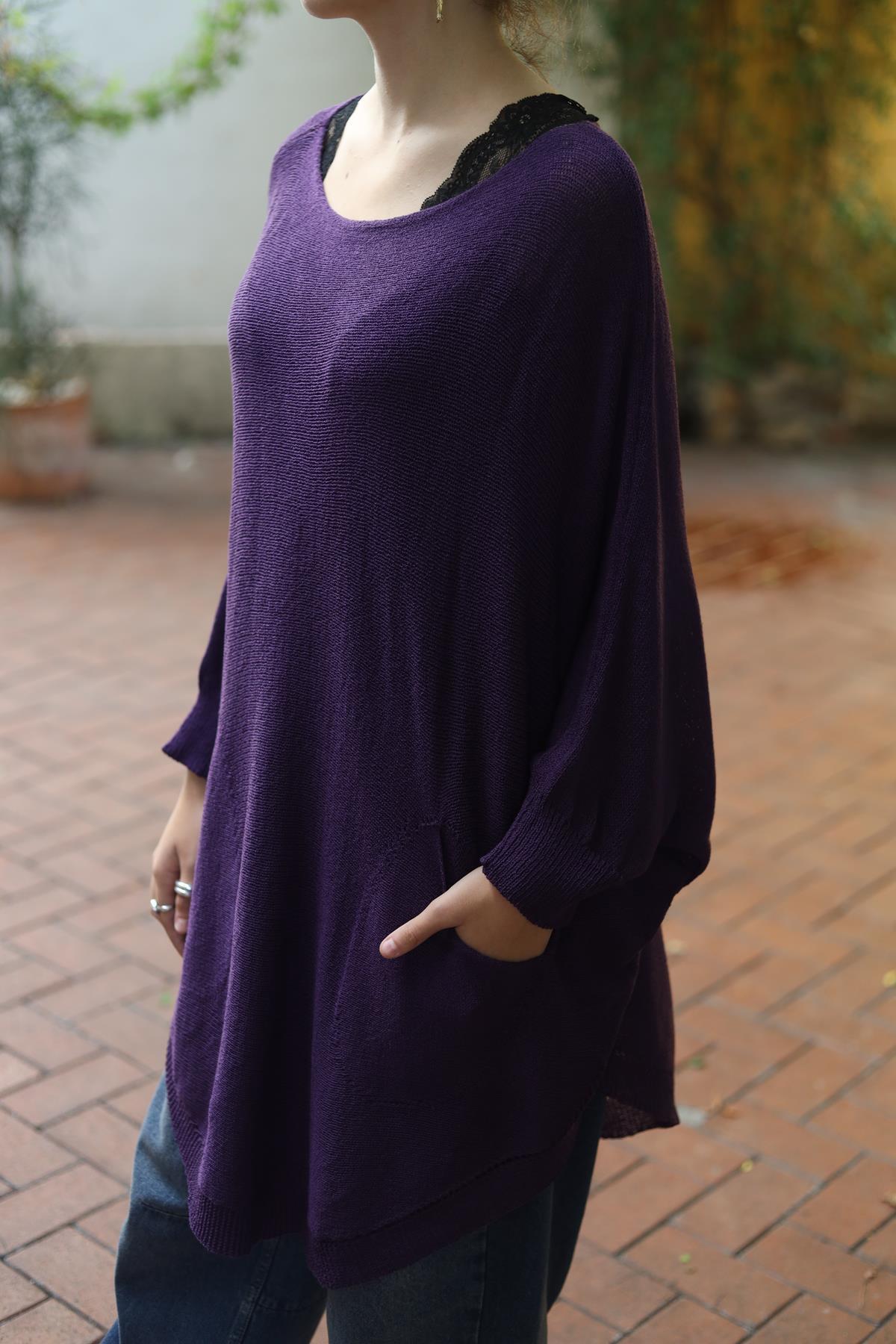 Mor Oval Kesim Cepli Triko Tunik