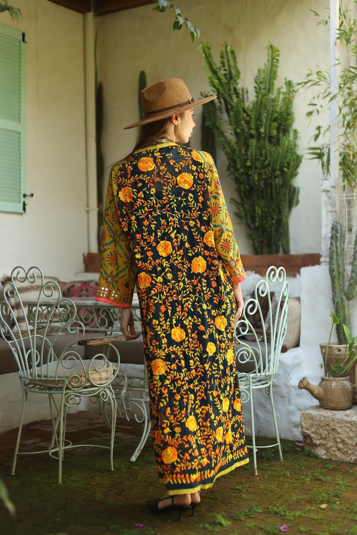 Petrol Yeşili İşlemeli Bohem Kaftan