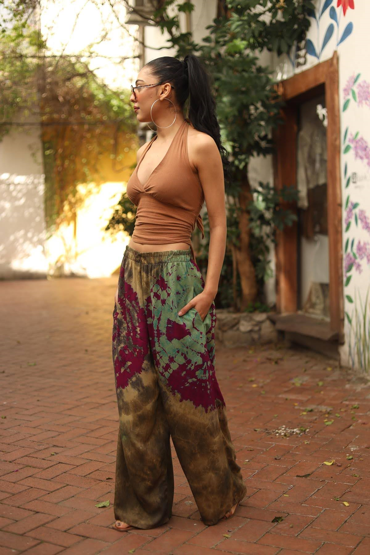 Yağ Yeşili Beli Lastikli Batikli Pantolon