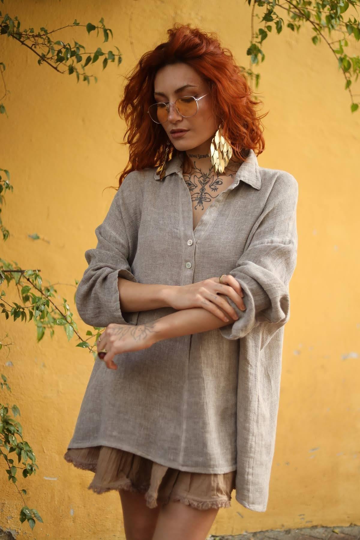 Vizon Rengi Gömlek Yaka Önü Pileli Keten Bluz