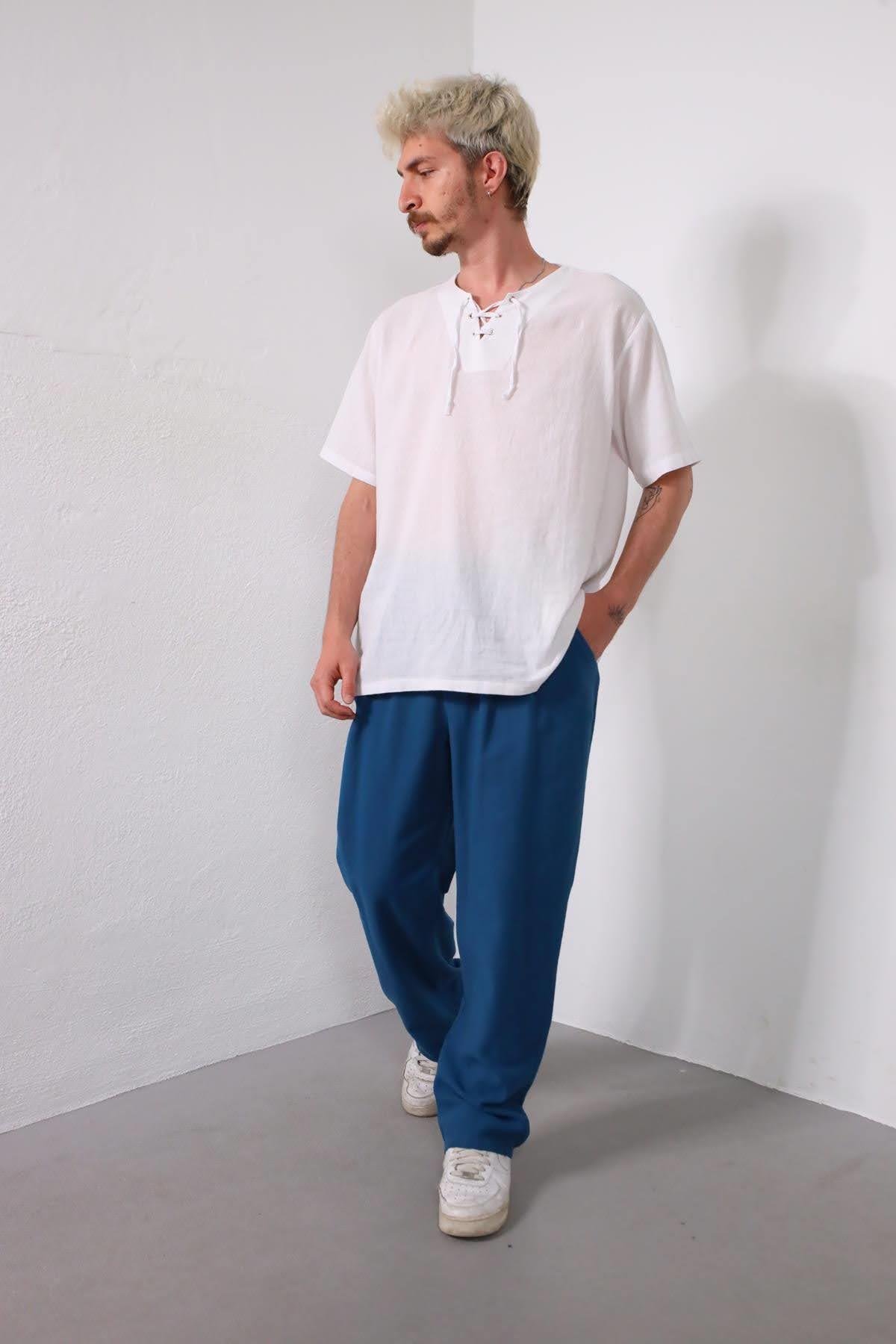  Petrol Mavisi Beli Lastikli Pileli Pantolon