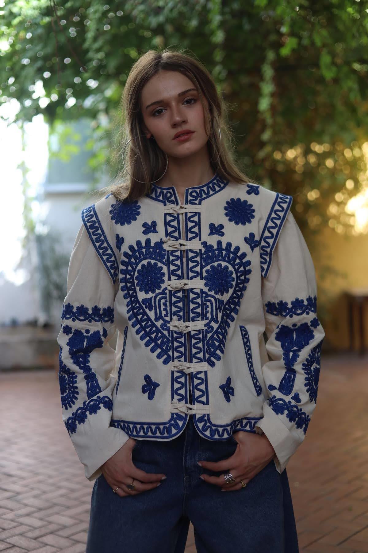 Cream Color Buttoned Embroidered Jacket
