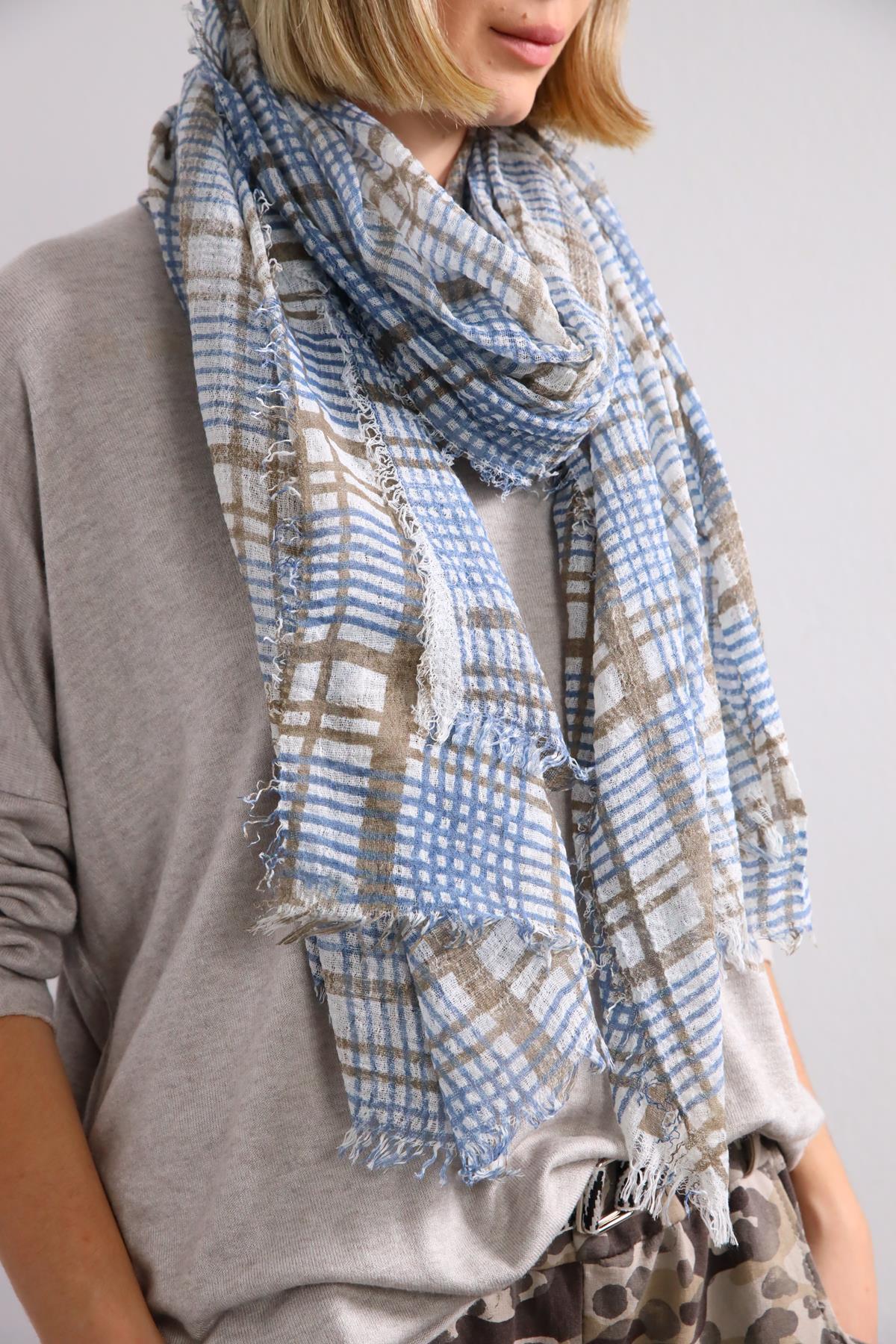 Mavi Kahve Ekose Desenli Pamuk Şal - Şaman Butik Mavi Kahve Ekose Desenli Pamuk Şal