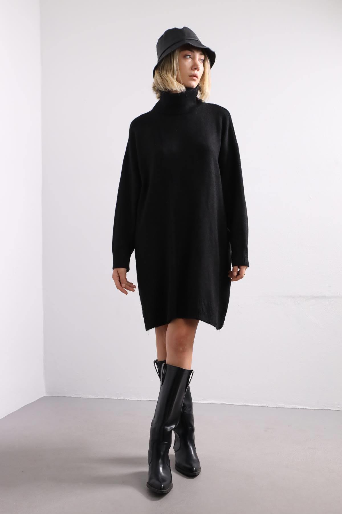 Siyah Boğazlı Uzun Kazak - Şaman Butik Siyah Boğazlı Uzun Kazak