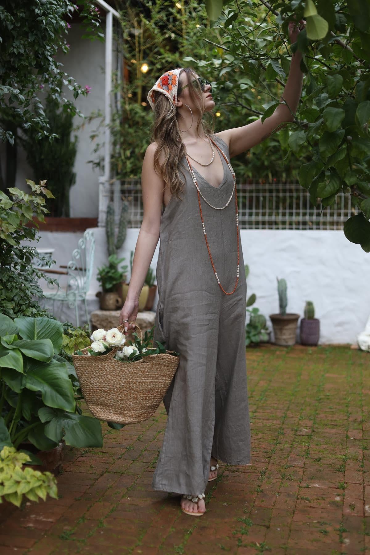 Vizon Rengi V Yaka Arkadan Bağlamalı Keten Tulum