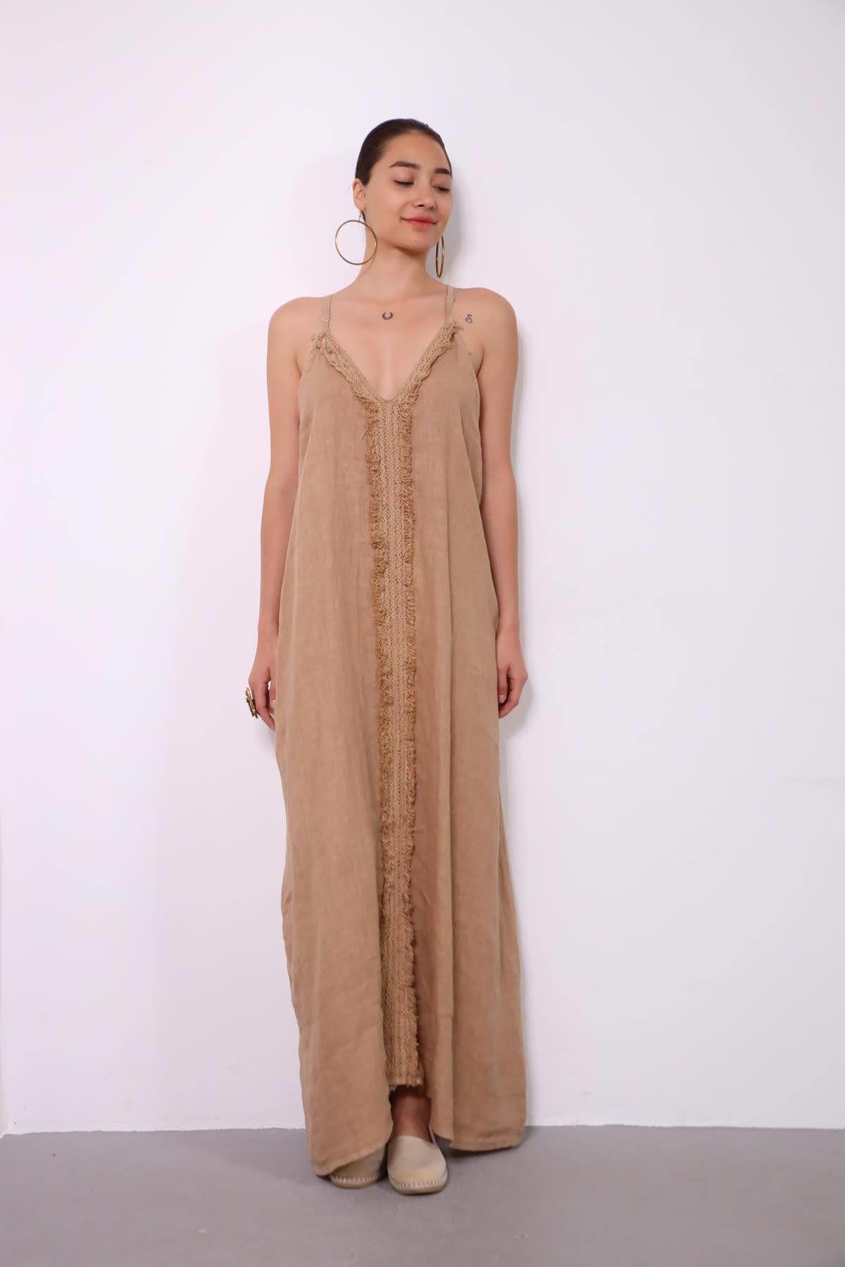 Camel Rengi Fisto Detaylı Askılı Elbise - Şaman Butik Camel Rengi Fisto Detaylı Askılı Elbise