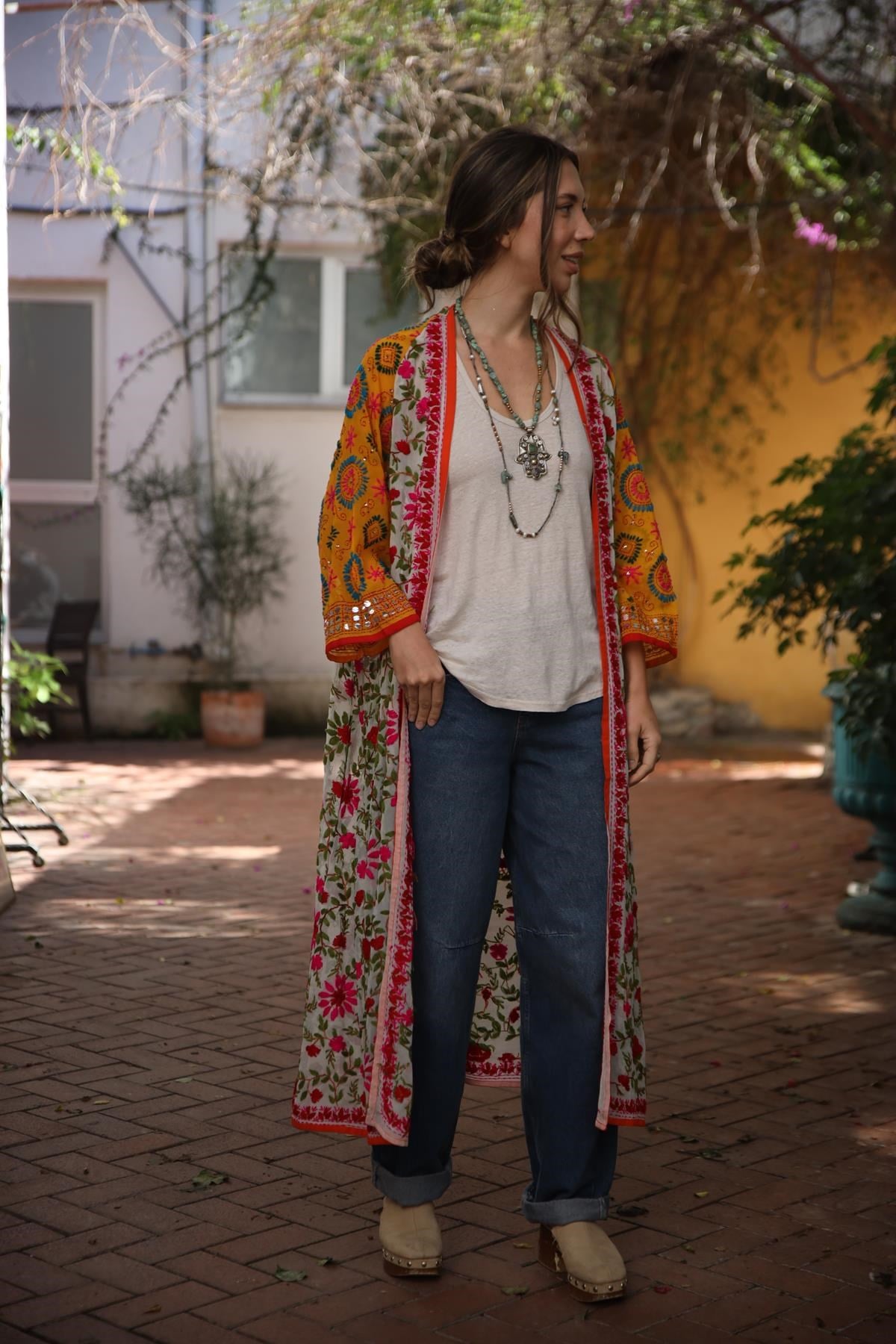 Ekru İşlemeli Bohem Kaftan