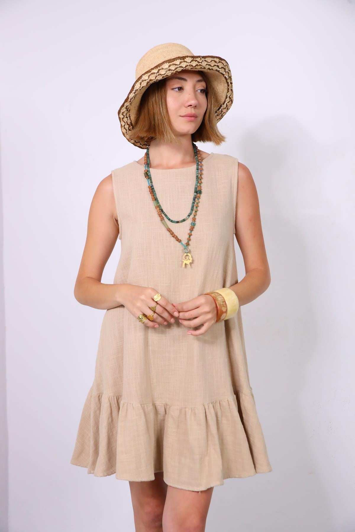 Bej Eteği Fırfırlı Kalın Askılı Kısa Keten Elbise - Şaman Butik Bej Eteği Fırfırlı Kalın Askılı Kısa Keten Elbise