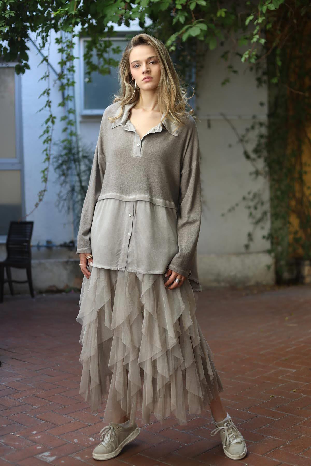 Mink Color Patched Shirt Blouse