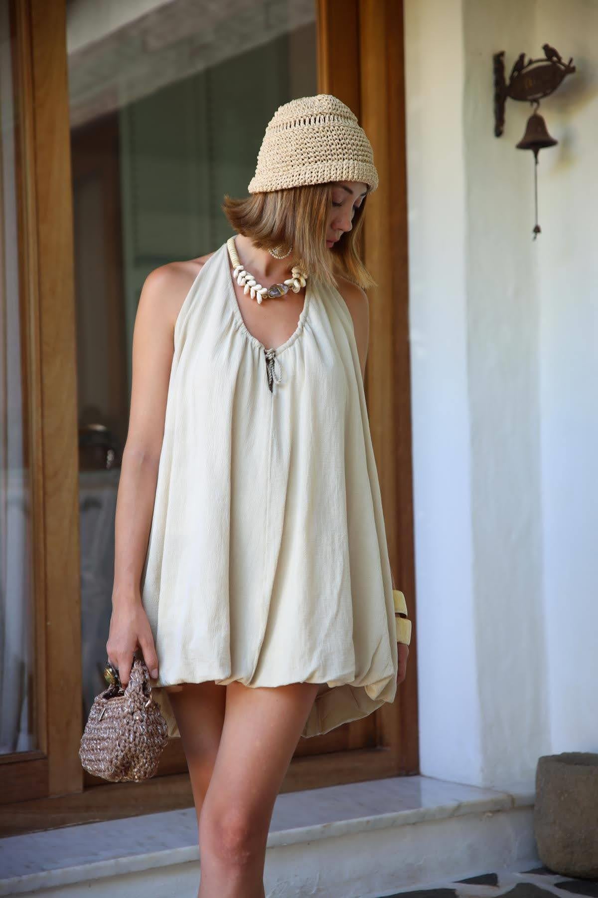 Krem Rengi İp Askılı Balon Elbise - Şaman Butik Krem Rengi İp Askılı Balon Elbise