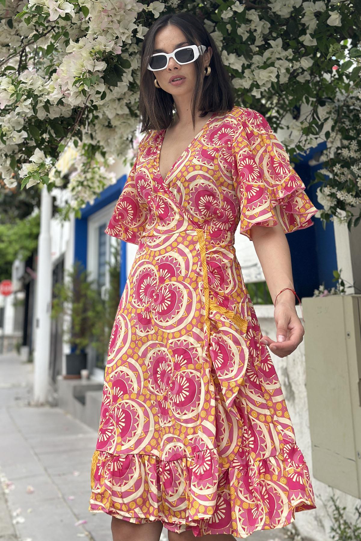 Fuchsia Patterned Mini Silk Wrap Dress