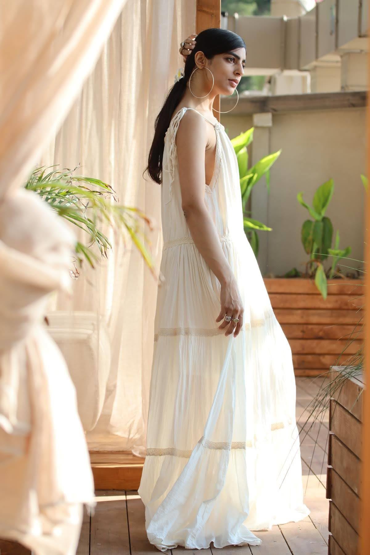 Ekru İp Askılı Dantel Detaylı Bohem Elbise