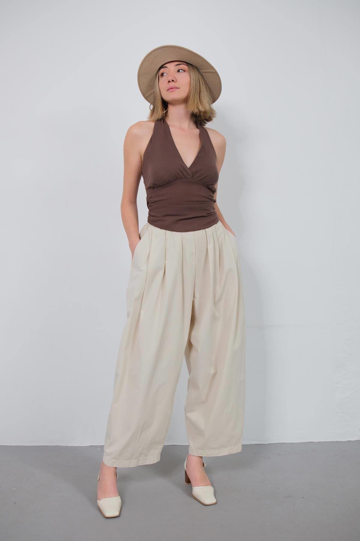 Taş Rengi Önden Pileli Salaş Pantolon - Şaman Butik Taş Rengi Önden Pileli Salaş Pantolon