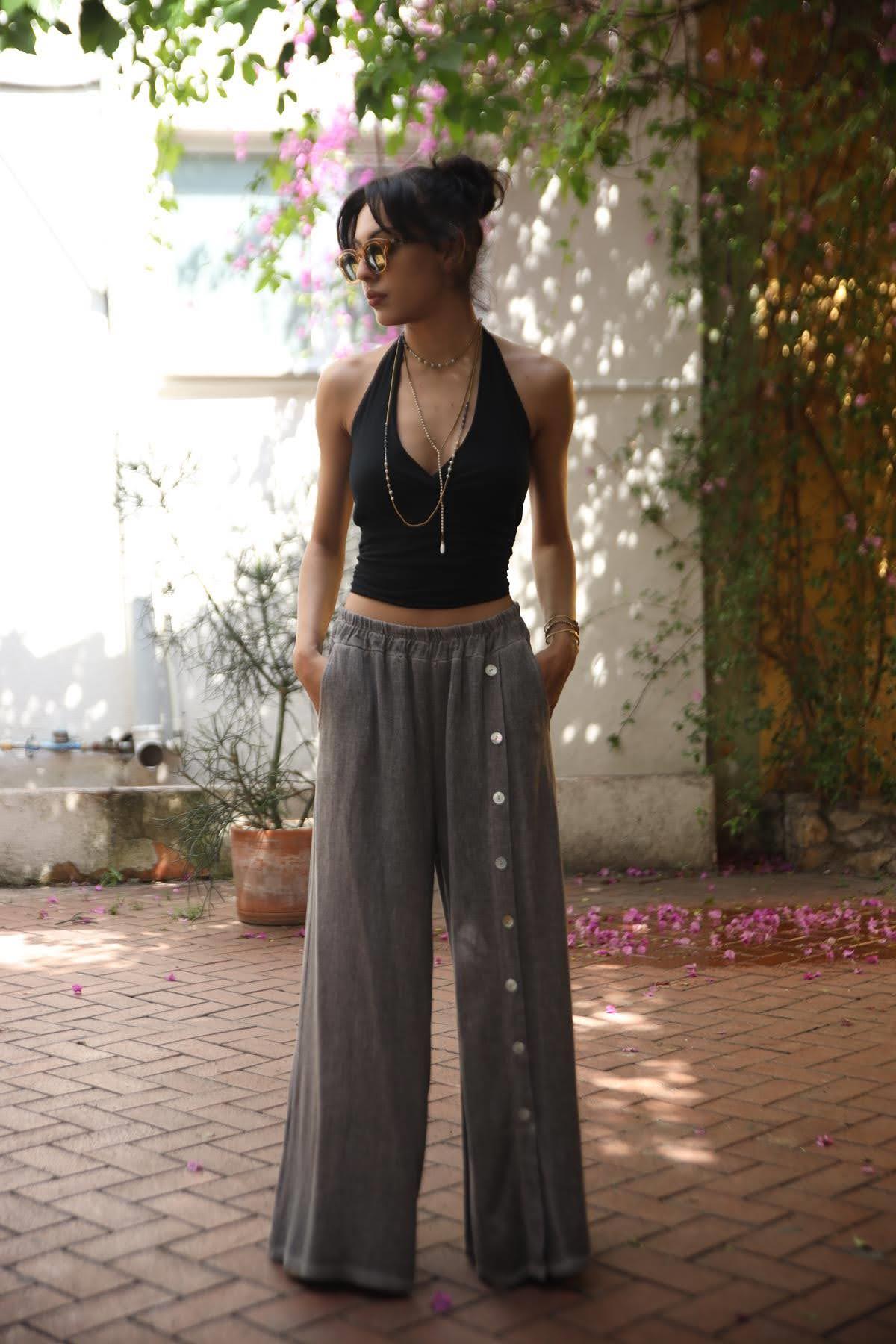 Koyu Vizon Düğme Detaylı Soft Keten Pantolon