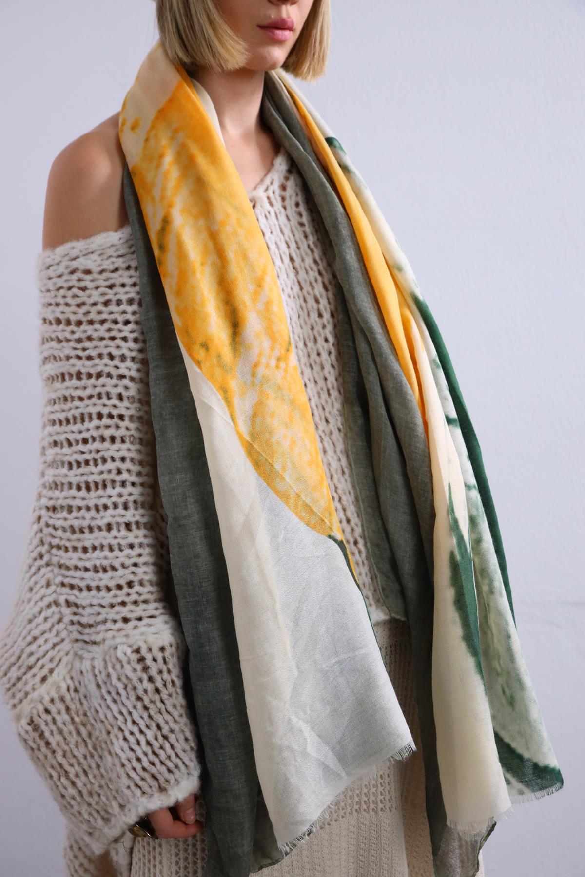 Turuncu Yeşil Desenli Otantik Şal - Şaman Butik Turuncu Yeşil Desenli Otantik Şal