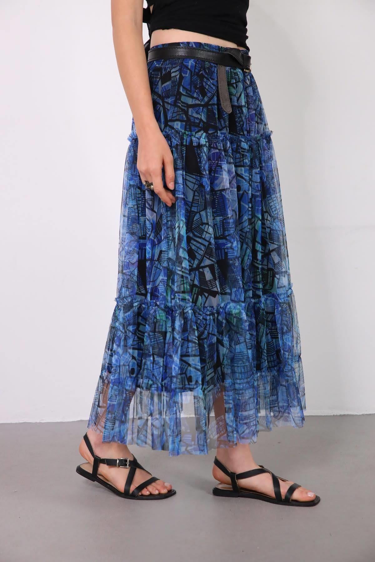 Mavi Desenli Kat Kat Tül Etek - Şaman Butik Mavi Desenli Kat Kat Tül Etek