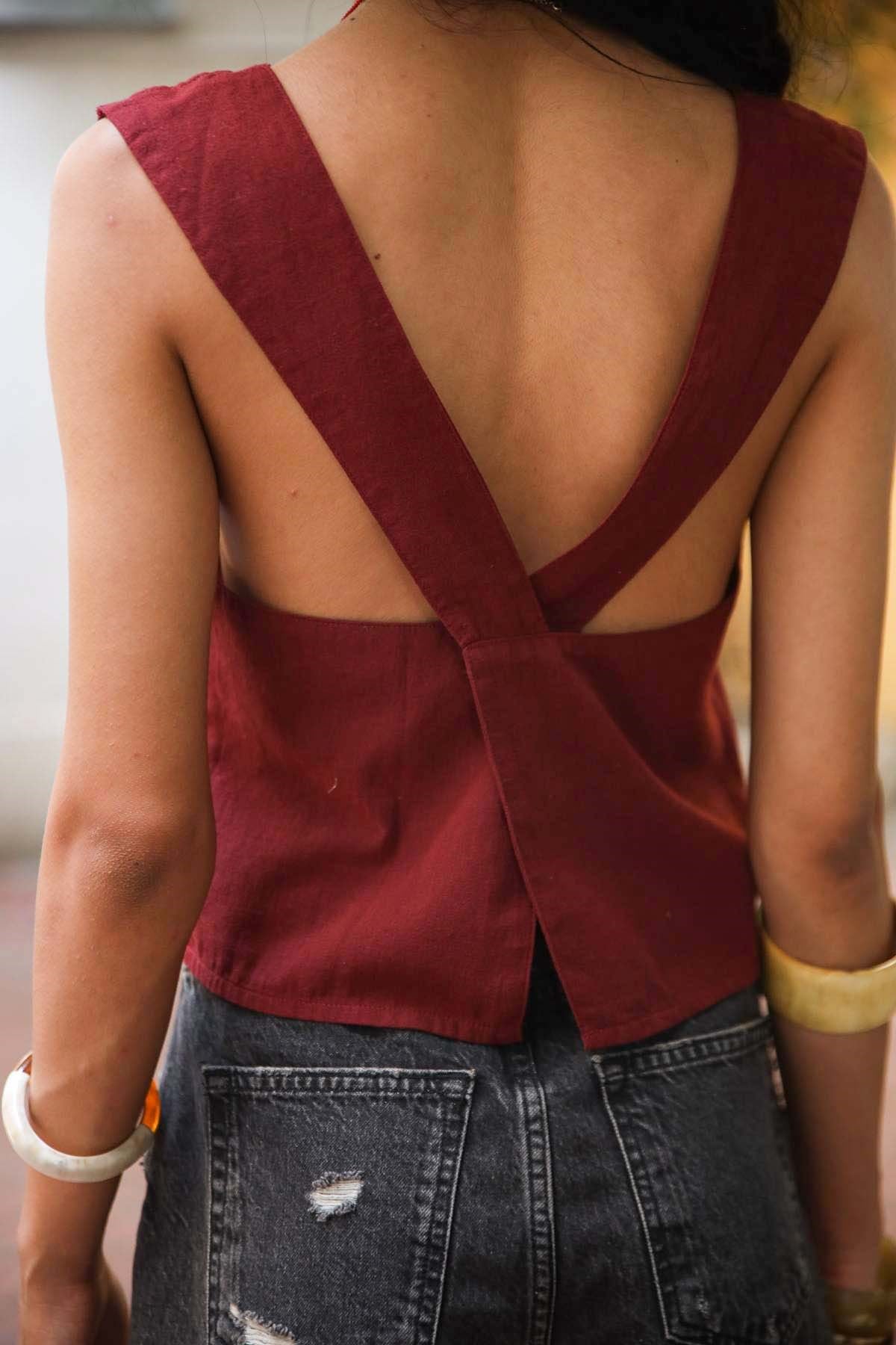 Bordo Arkası Çapraz Bluz