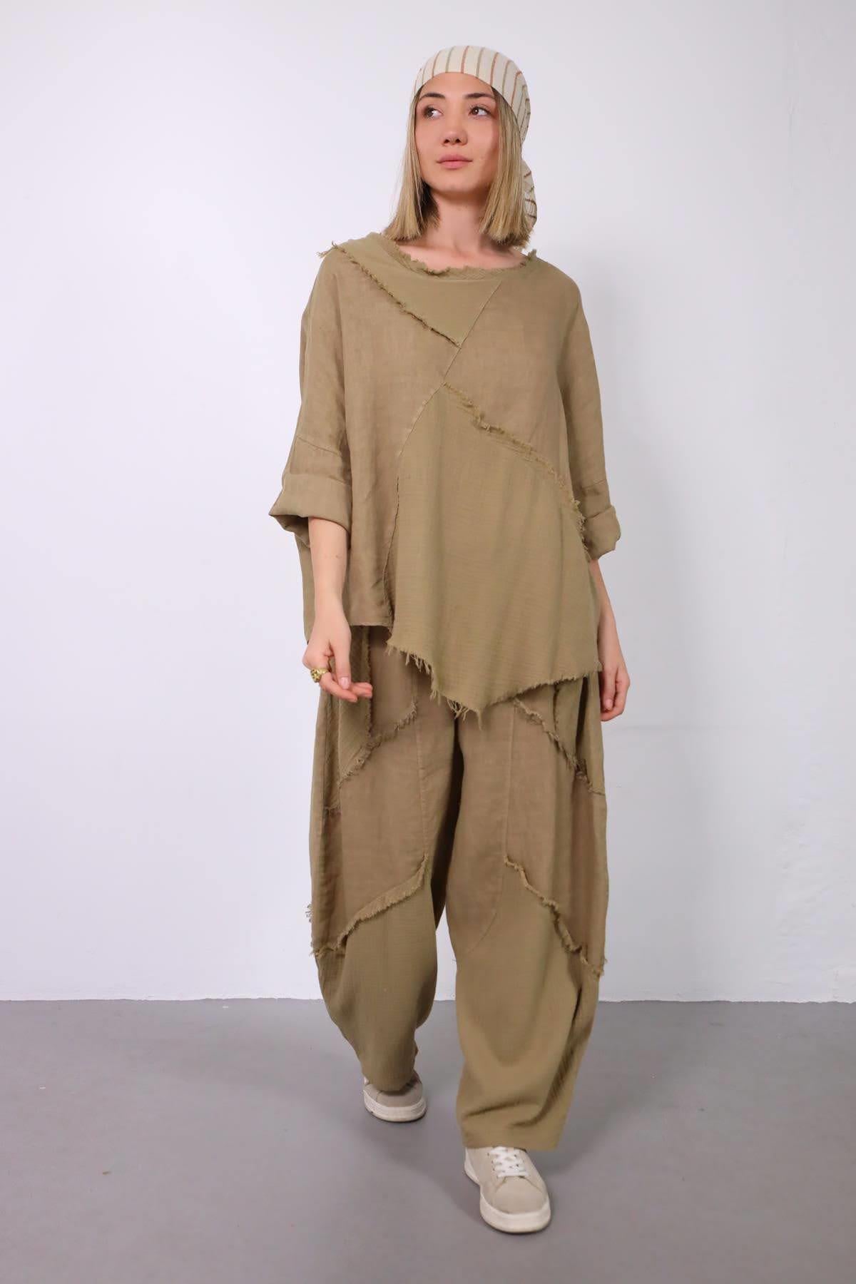 Vizon Rengi Müslin Parçalı Keten Takım - Şaman Butik Vizon Rengi Müslin Parçalı Keten Takım