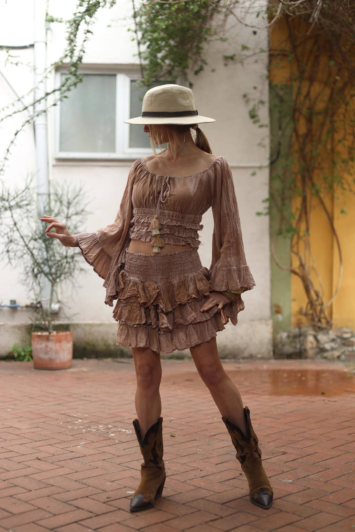 Sütlü Kahve Taşlanmış Kimono Kollu Crop Bluz