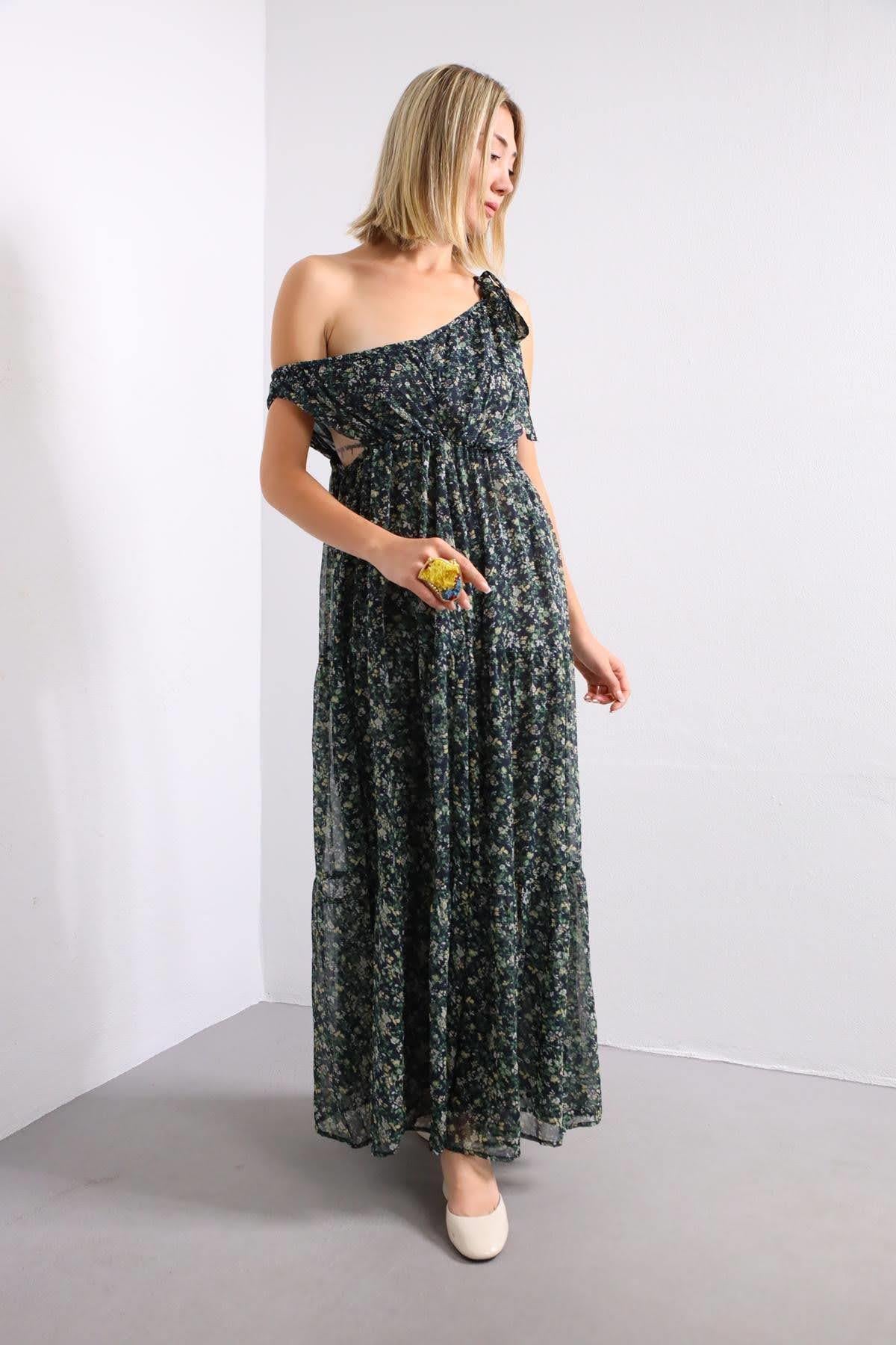 Siyah Çiçek Desenli Askıdan Bağlamalı Elbise - Şaman Butik Siyah Çiçek Desenli Askıdan Bağlamalı Elbise