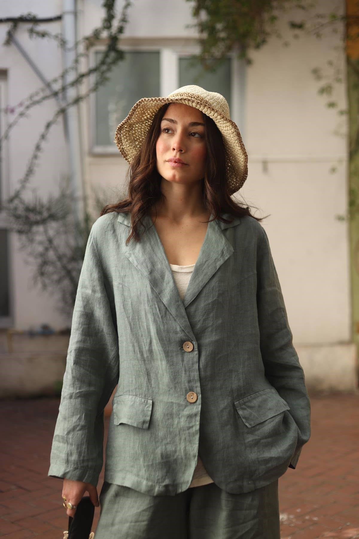 Haki Sahte Cepli Keten Ceket