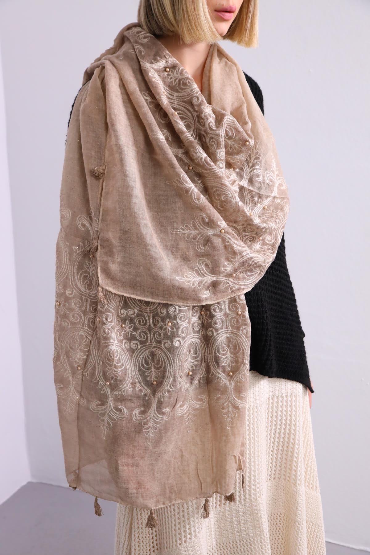 Vizon Rengi Simli İnci İşlemeli Şal - Şaman Butik Vizon Rengi Simli İnci İşlemeli Şal