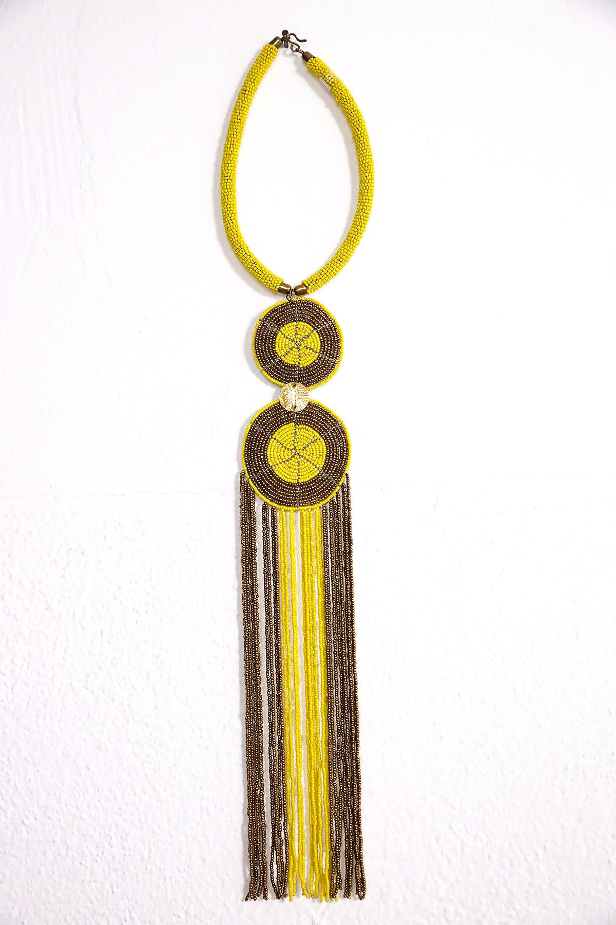  Dilimli Daire Detaylı Sarı Uzun Kolye