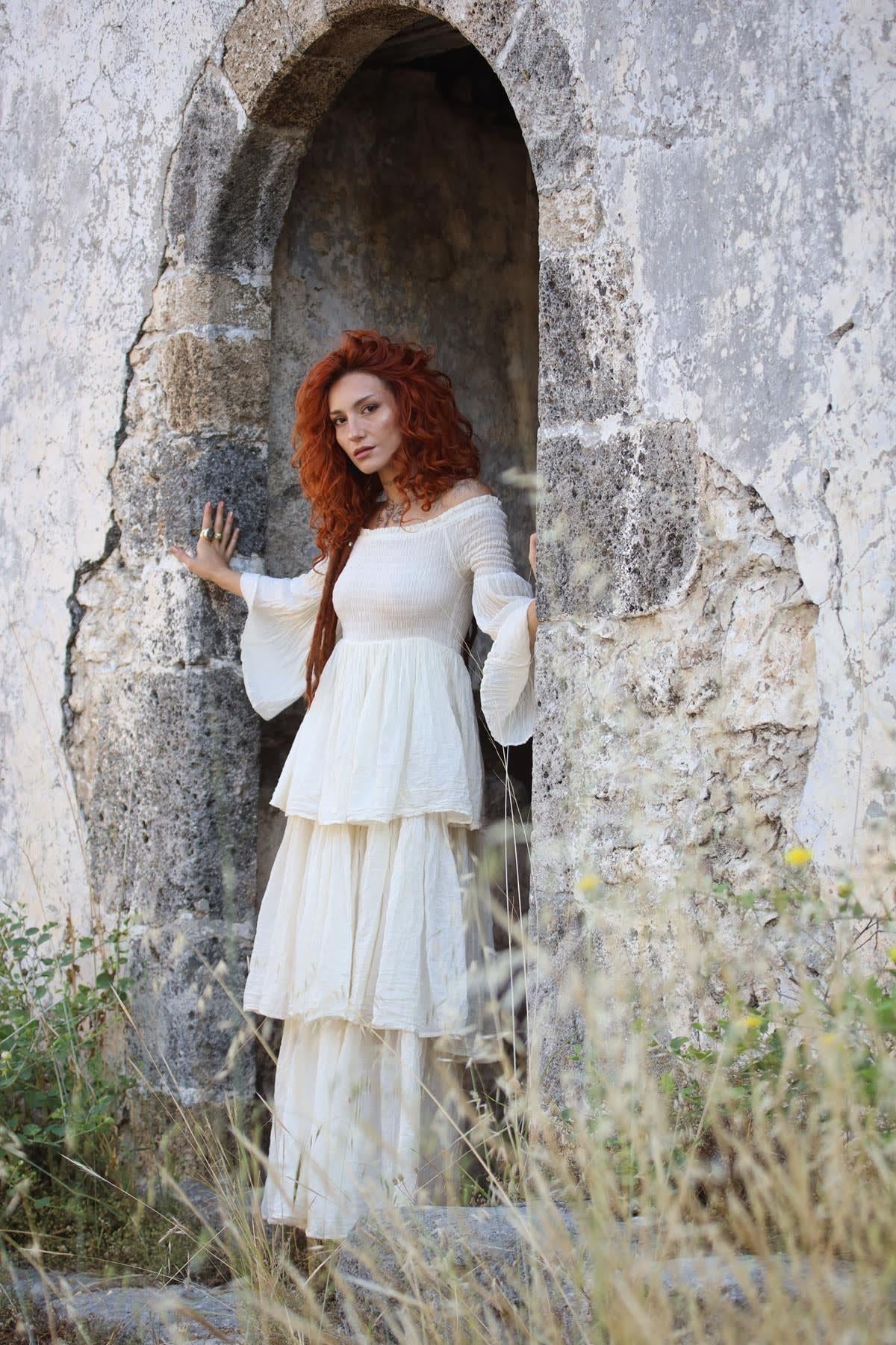 Ekru İspanyol Kol Gipeli Kat Kat Bohem Elbise