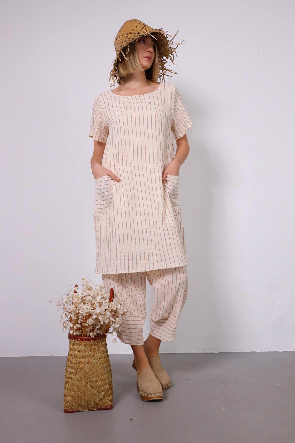  Kiremit Rengi Çizgili Cep Detaylı Elbise