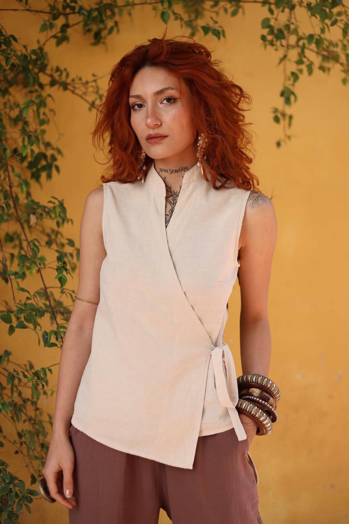 Krem Rengi Bağlamalı Kruvaze Bluz