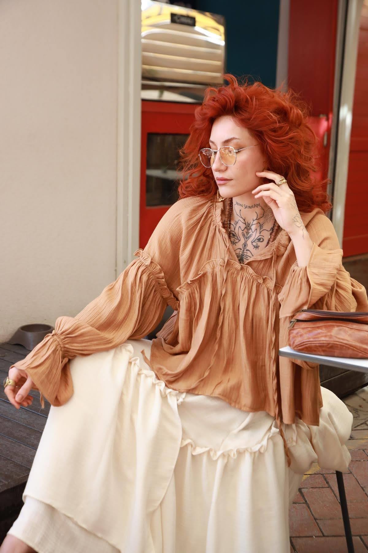 Light Brown Elastic Sleeve Ruffled Blouse