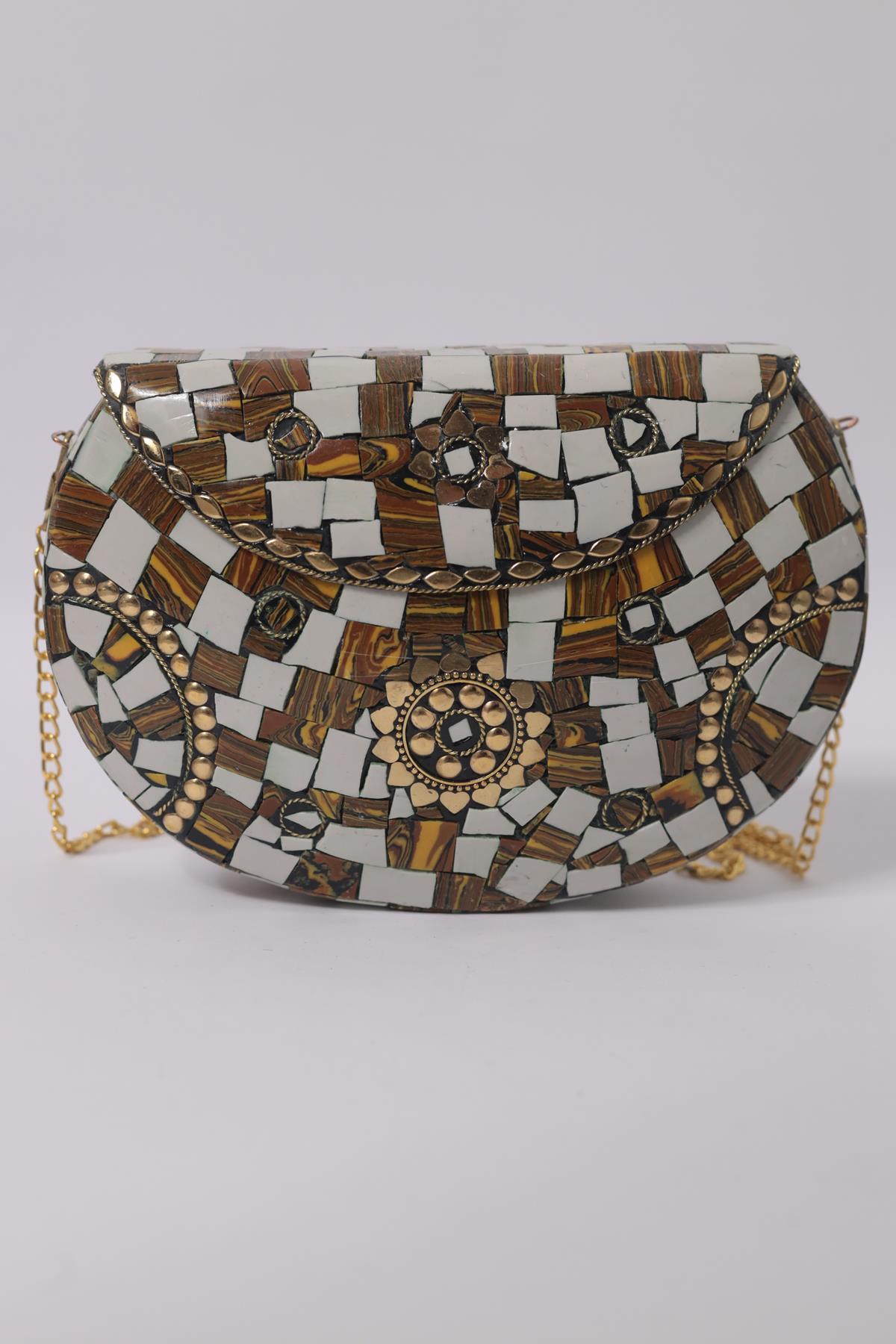 Hardal Beyaz Taşlı Özel Tasarım Çanta