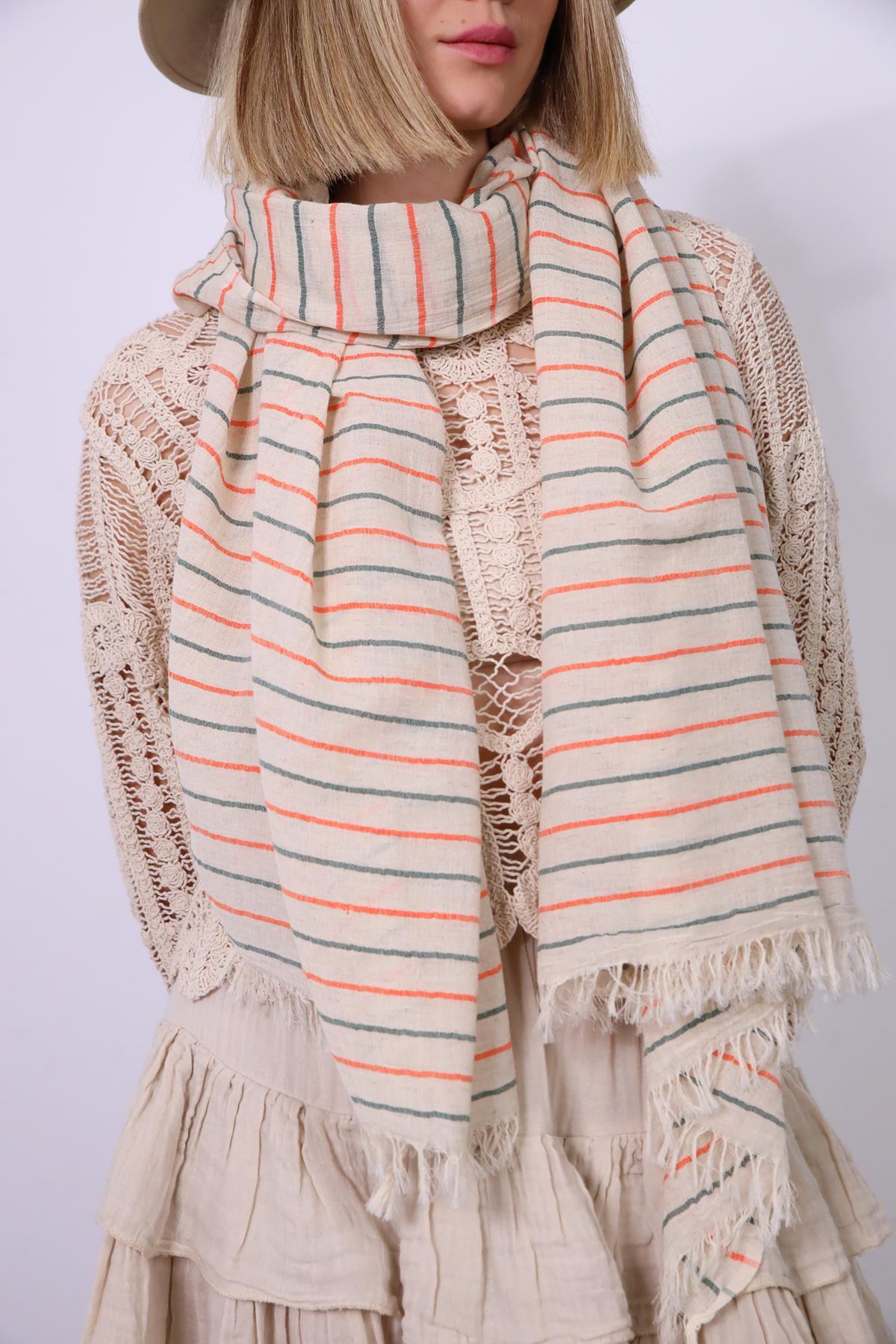 Haki-Turuncu Çizgili Keten Diba Şal - Şaman Butik Haki-Turuncu Çizgili Keten Diba Şal