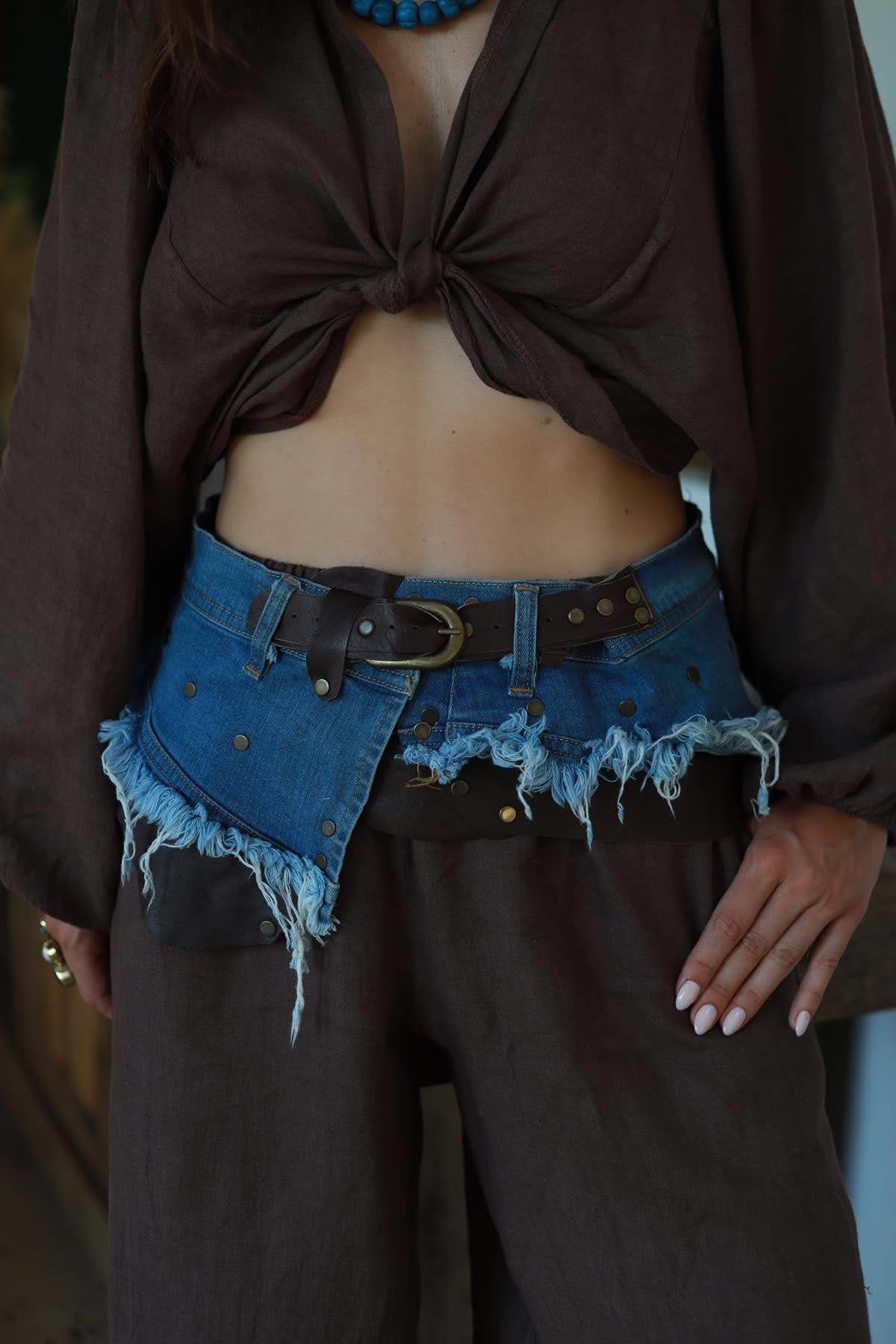 Brown Denim Detailed Leather Belt