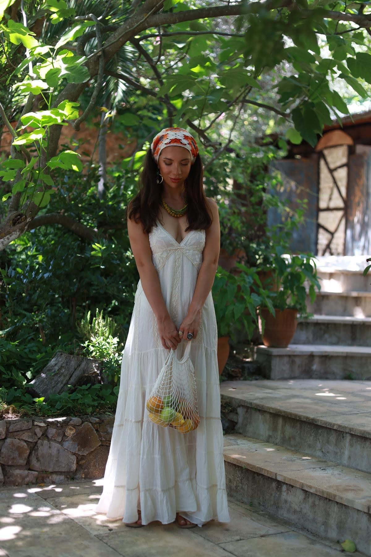 Ekru Göğsü Tül Nakışlı Dantel Detaylı Bohem Elbise