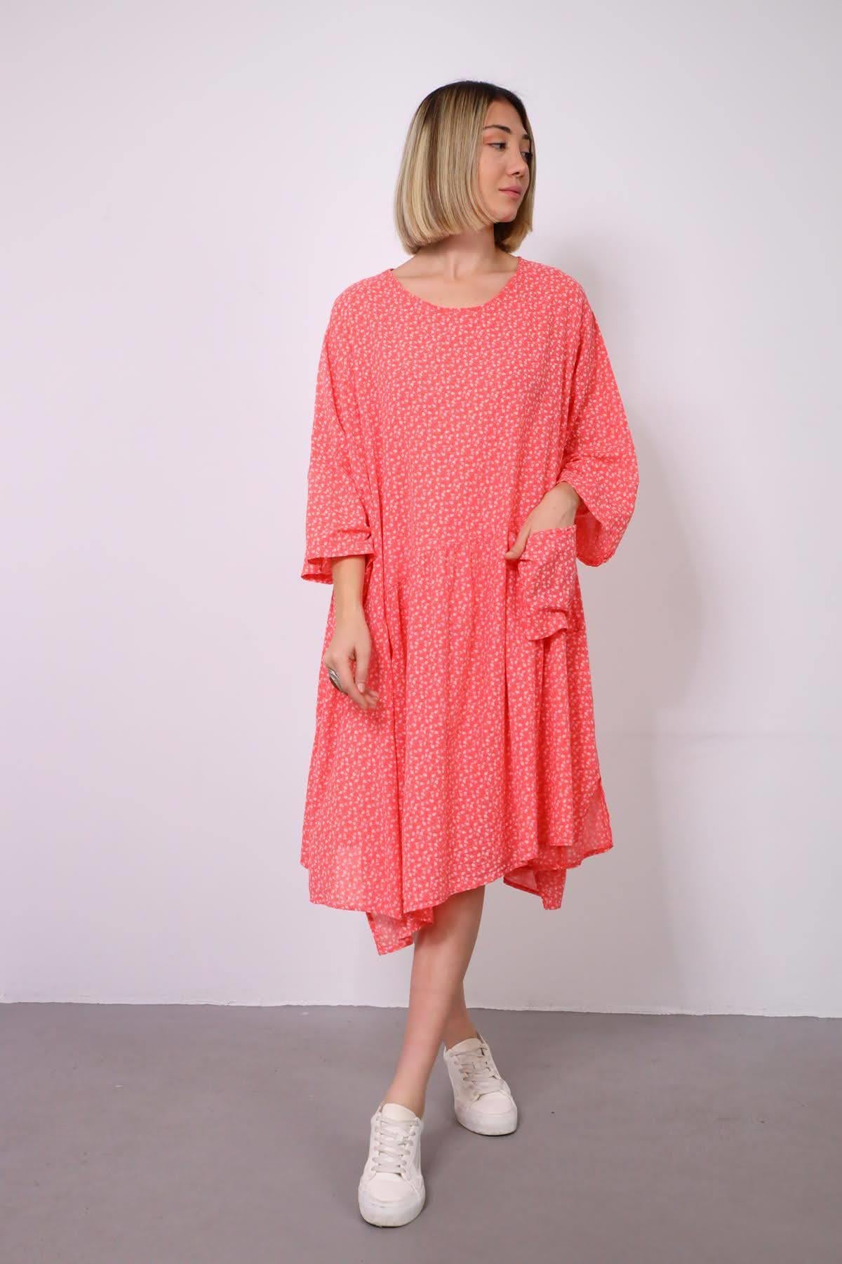 Nar Çiçeği Minik Çiçekli Cepli Elbise - Şaman Butik Nar Çiçeği Minik Çiçekli Cepli Elbise