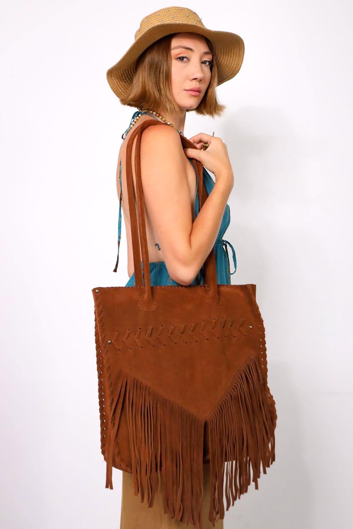  Kahverengi Püsküllü Battal Boy Süet Deri Çanta