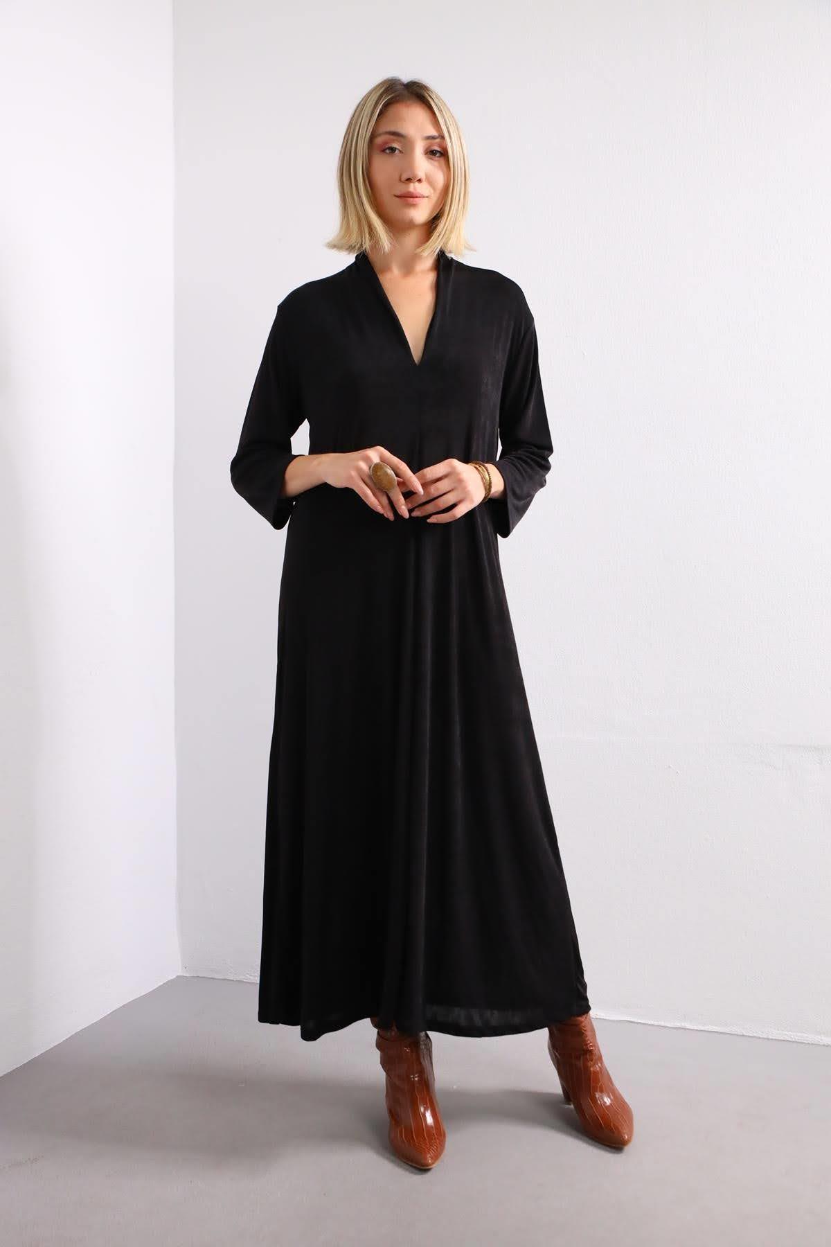 Siyah V Yaka Önü Dikişli Elbise - Şaman Butik Siyah V Yaka Önü Dikişli Elbise