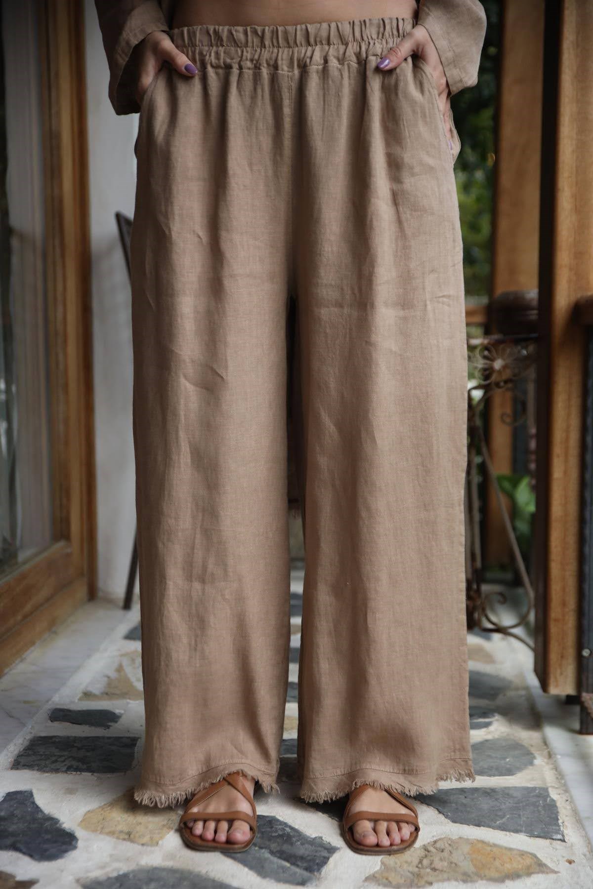 Camel Rengi Paçası Püsküllü Keten Pantolon