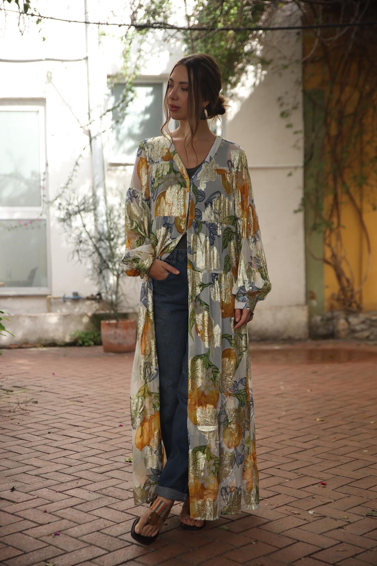 Ekru Limon Desenli Çıtçıtlı Şifon Kaftan