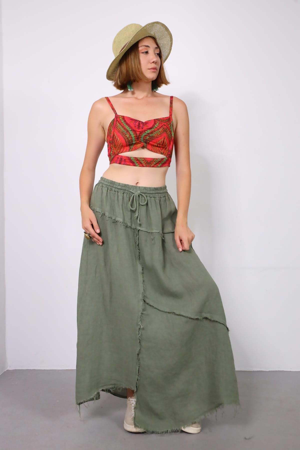 Haki Asimetrik Püsküllü Dikiş Detaylı Keten Etek - Şaman Butik Haki Asimetrik Püsküllü Dikiş Detaylı Keten Etek