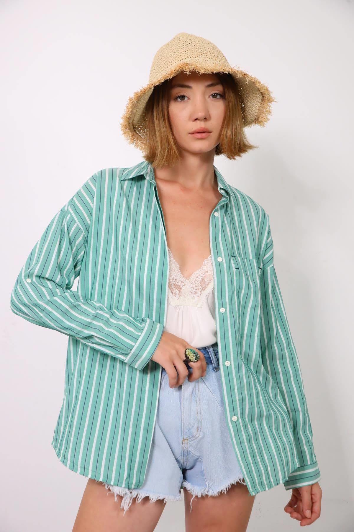 Green White Striped Shirt - Saman Butik | Shop Online Green White Striped Shirt
