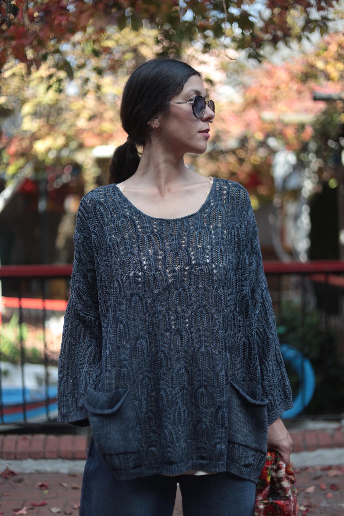 Antrasit Örgü Desenli Yıkama Triko Tunik