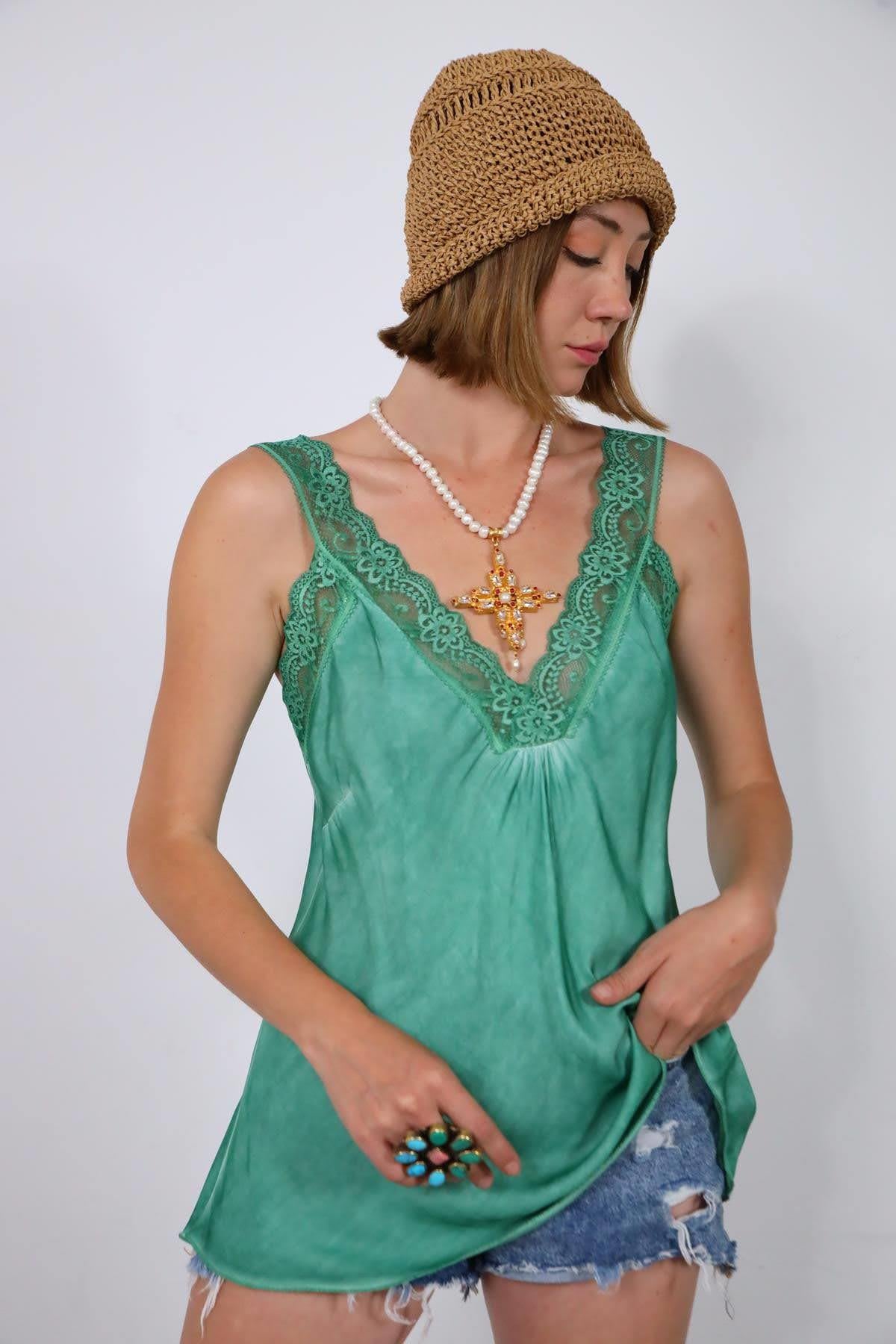 Green Lace Embroidered Silk Tank Top Green Lace Embroidered Silk Tank Top